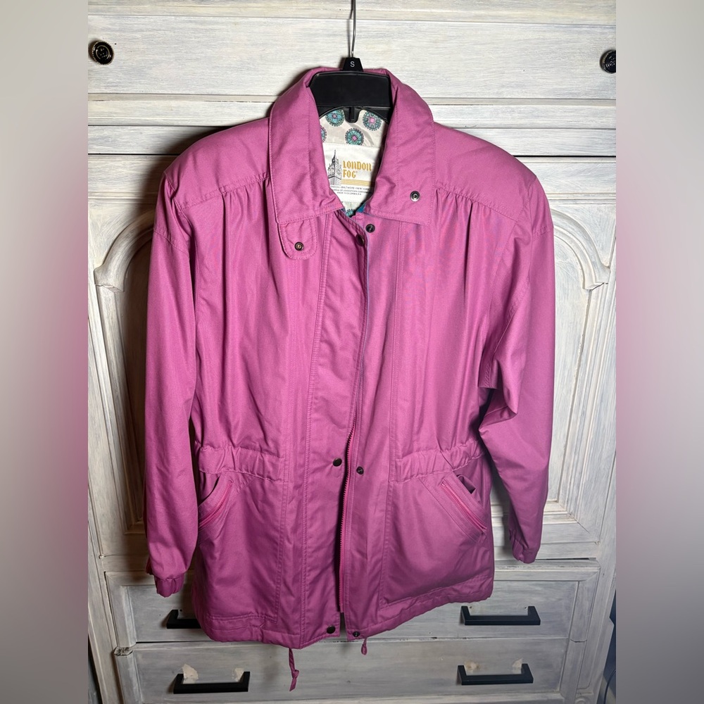 Vtg 80s Weather Master Coat Pink Turquoise Hood Zipper Pockets Retro Cottagecore